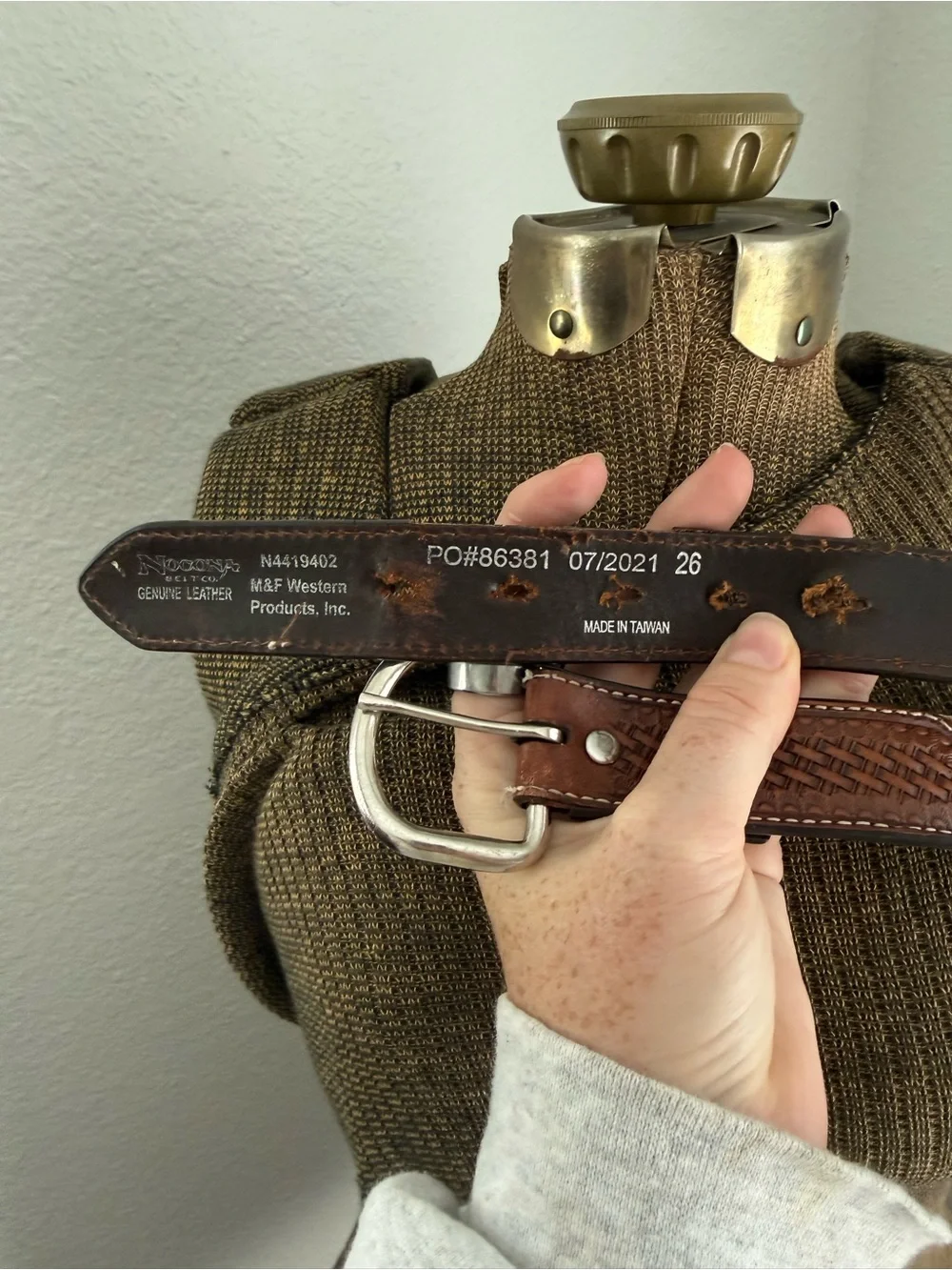 Nocona Brown Studded Leather Belt with Rhinestone and Ornate Silver Buckle